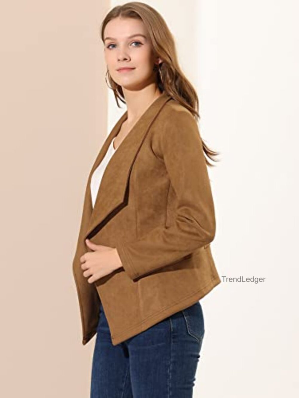 Faux Suede Draped Open Front Blazer Cardigan Jacket Long Sleeve Shawl Collar - Picture 4 of 7